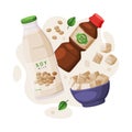 Natural Soy Products from Soybean Plant with Tofu, Sauce and Milk in Bottle Vector Composition Royalty Free Stock Photo