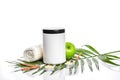 Natural spa beauty treatment cleansing products with apple on white background. Royalty Free Stock Photo