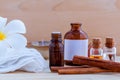 Natural Spa ingredients and bottle of herbal extract oil for alternative medicine and aromatherapy. Thai Spa theme with ayurvedic Royalty Free Stock Photo