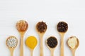 Natural Spa Ingredients. coffee beans, pepper, turmeric, ginger, honey, anise in wooden spoon. Variety herbs on white background