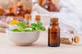 Natural Spa Ingredients essential oil with oregano leaves Royalty Free Stock Photo