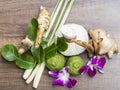 Natural Spa Ingredients herbal compress ball and herbal Ingredients for alternative medicine and relaxation Thai Spa theme with si