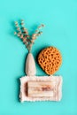 Natural spa and skincare beauty cleansing products with bathroom accessories including natural sponge, pumice stone and Royalty Free Stock Photo