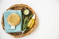 Natural spa skincare and beauty products. Rosemary herb, oil bottle, body brush and towel, top view of spa products with natural Royalty Free Stock Photo