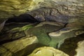 Natural speleothem stalactites and stalagmites in Nizhneshakuranskaya cave