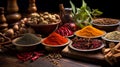 Natural spices and herbs on a wooden table, studio shot