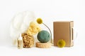 Natural sponges, paper,flower,box and cosmetic bottle on white. Creative concept