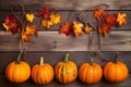 season plant wood wooden orange autumn leaf fall background pumpkin halloween. Generative AI. Royalty Free Stock Photo