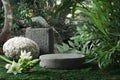 Natural stone and concrete podium in tropical forest with flowers. Empty showcase for packaging product presentation