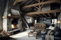 natural stone fireplace and rustic wooden beams in chalet interior