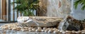 A natural stone podium with an irregular shape, surrounded by small, round river rocks. The organic Royalty Free Stock Photo