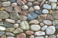 Natural stone wall of round stone, front and back background blurred with bokeh effect Royalty Free Stock Photo