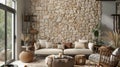 A natural stoneinspired accent wall with a sandcolored chunky texture adding an organic and grounding element to the Royalty Free Stock Photo