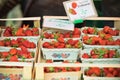 Natural strawberries in boxes at a farmers market