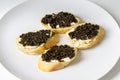 Natural sturgeon black caviar sandwiches on a white plate, luxury seafood delicacy Royalty Free Stock Photo