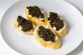 Natural sturgeon black caviar sandwiches on a white plate, luxury seafood delicacy Royalty Free Stock Photo