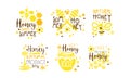 Natural Summer Honey Logo Templates Set, Organic Healthy Product Badges Hand Drawn Vector Illustration