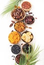 Natural sun dried fruits assortment in bowls on white background. Healthy wholesome snacks. Copy space