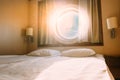 Natural Sunlight Shining Through Ship Window In Craft Cabin With Bed. View On Sea. Luxury Cabin On Ferry Boat Or Cruise Royalty Free Stock Photo