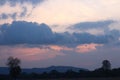 Natural Sunset Sunrise Over Field Or Meadow. Real amazing panoramic sunrise or sunset sky with gentle colorful clouds. Royalty Free Stock Photo