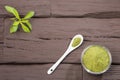 Natural sweetener in powder from stevia plant - Stevia rebaudiana. Royalty Free Stock Photo