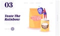 Natural Sweeteners for Diabetic People Website Landing Page. Tiny Woman Stand on Coconut Sugar Box near Stevia Package