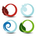 Natural symbols - fire, air, water, earth - nature circular elements with flame, bubble air, wave water and leaf