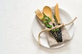 Natural table setting with bamboo knife fork and spoon, Top view Royalty Free Stock Photo
