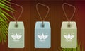 Natural tags with organic symbol or sign on wooden background and palm leaf. Vector Illustration