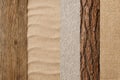 Natural textures composition featuring wood, sand, bark, and burlap for design inspiration and creative projects Royalty Free Stock Photo