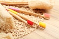 Natural toothbrushes made with bamboo on table