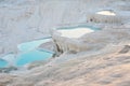 Natural travertine pools and terraces with water in Pamukkale