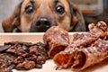 Natural treats for pets. dried meat products to feed and motivate dogs. the dog in the background looks with interest