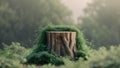 Natural tree trunk podium surrounded by lush green foliage. Royalty Free Stock Photo