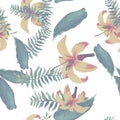 Natural Tropical Exotic. Organic Seamless Exotic. White Pattern Leaves. Green Floral Foliage. Yellow Wallpaper Design. Flora