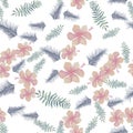 Natural Tropical Exotic. Pink Seamless Texture. Gray Pattern Art. Green Flower Hibiscus. Spring Design. Flora Palm.