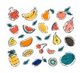 Natural tropical fruits lemon, orange, apples, pineapples doodle. Vegetarian food. A set of vector isolated icons