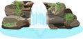 Natural tropical landscape with a waterfall flowing between rocks,plants and stones. A water stream flows into a blue lake Royalty Free Stock Photo