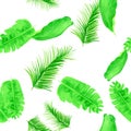 Natural Tropical Leaf. Green Seamless Textile. White Pattern Vintage. Organic Drawing Vintage. Banana Leaf. Spring Vintage. Royalty Free Stock Photo