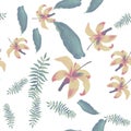 Natural Tropical Nature. Organic Seamless Botanical. White Pattern Texture. Yellow Floral Design. Green Wallpaper Nature. Flora Royalty Free Stock Photo