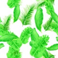 Natural Tropical Plant. White Seamless Textile. Organic Pattern Background. Green Drawing Painting. Banana Leaf. Spring Art. Royalty Free Stock Photo