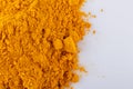 Natural turmeric powder on white acrylic background