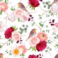 Natural vector seamless pattern with cute robin birds and bouquets Royalty Free Stock Photo