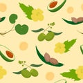 Natural vegan seamless pattern. Halves of green avocado with brown seed nuts on leaf olives on twig.