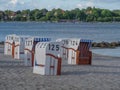 Natural view of beach baskets in Eckernforde beach in Germany Royalty Free Stock Photo