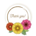 Natural vintage greeting card with inscription of words Thank you with yellow, orange, pink magenta gerbera flowers. Vector hand Royalty Free Stock Photo