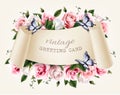 Natural vintage greeting frame with roses and butterfly.