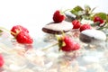 Natural vitamins: ripe raspberries on sea pebbles among scattered berries, leaves and stones, space for text