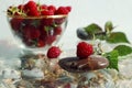 Natural vitamins: ripe raspberries on wet pebbles with green branches against the background of a cup with raspberries, close-up