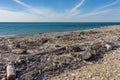 Natural waste and man-made trash from the Japan Sea, washed up on the beach at Mikawa, Japan Royalty Free Stock Photo